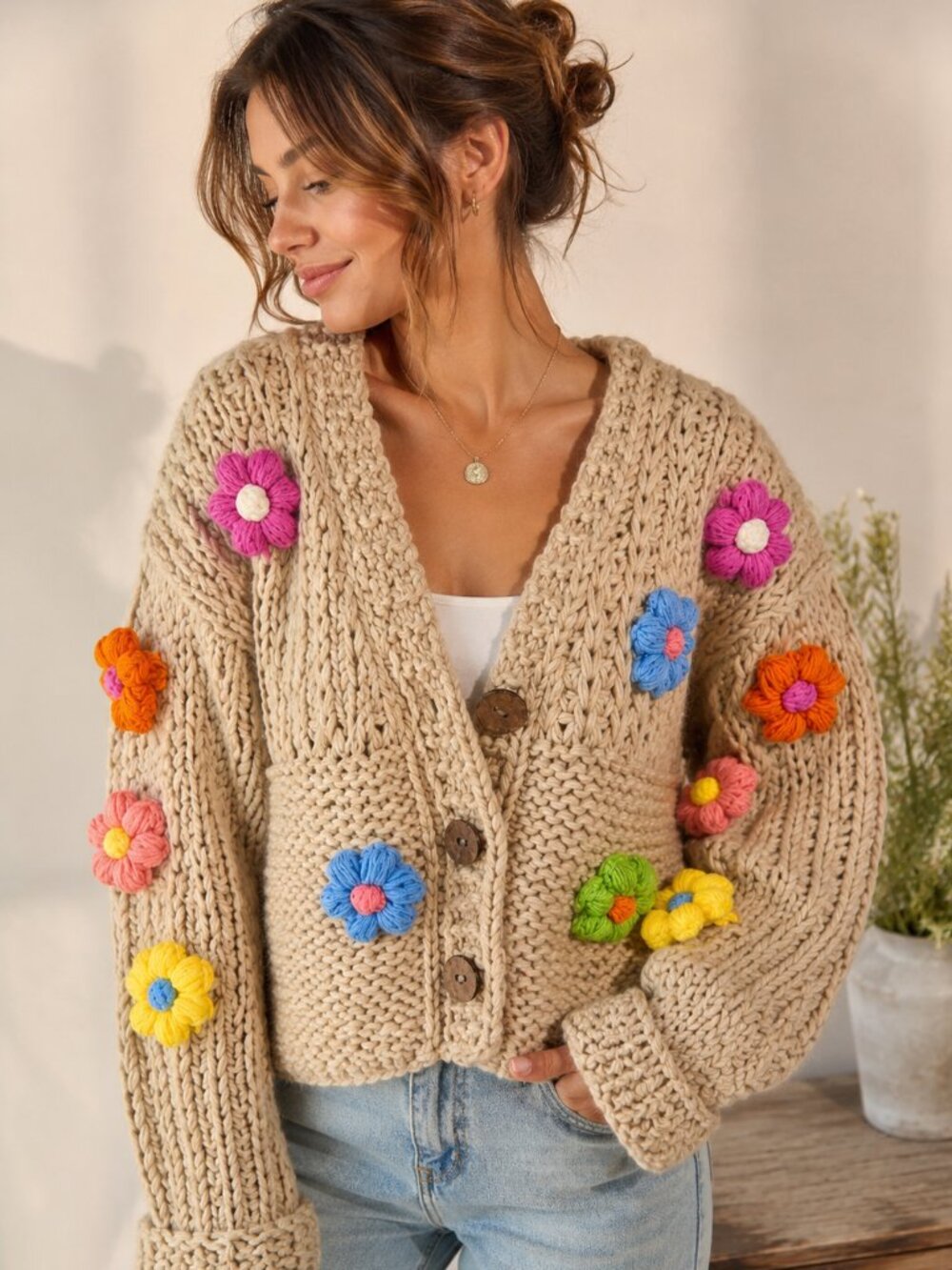 SAACHI Floral Chunky Knit Cardigan Sweater Flower Appliqué Boho Cottagecore OS